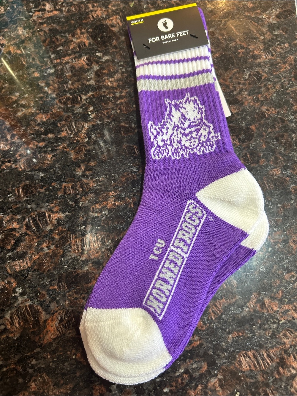 For Bare Feet Purple and White TCU Horned Frogs Crew Socks